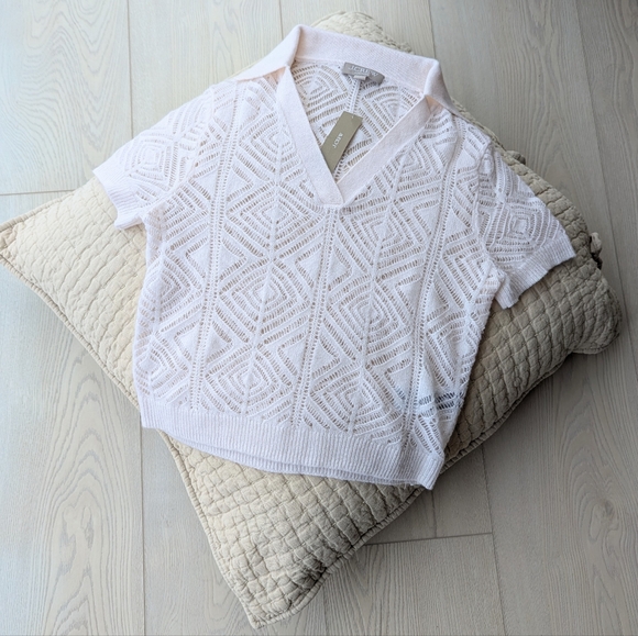 Pointelle Lace 100% Cashmere Polo Sweater - Picture 5 of 9